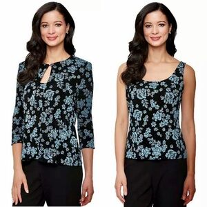 NWT Alex Evenings 3/4-Sleeve Glitter Twinset, Cami Top & Blazer, Blue & Black, S